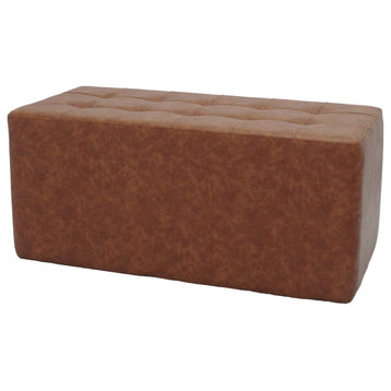 Modern Rectangular Ottoman, Distressed Faux Leather With Tufted Top, Hazelnut