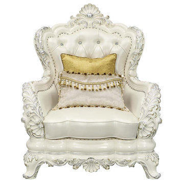 Acme Adara Chair With 2 Pillows White PU and Antique White Finish