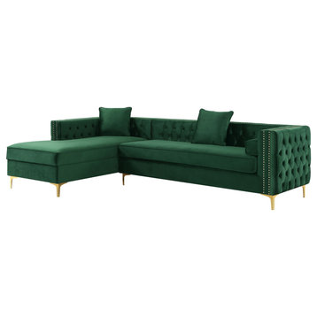 Jeannie Velvet Tufted With Nailhead Trim Sectional, Hunter Green, Left Facing