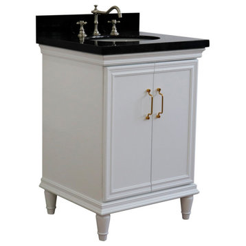 25" Single Vanity, White Finish With Black Galaxy And Oval Sink