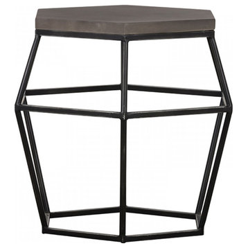 Hexagonal Concrete End Table With Metal Base, Gray And Black