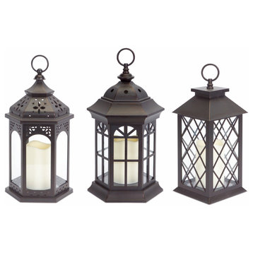 Lanterns With Led Candle, 3-Piece Set, With 6 Hour Timer 13"H Plastic/Glass