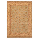 Bareens Designer Rugs - Boho Chic Ziegler Marvella Gray Green Hand-Knotted Wool Rug - 8'8'' x 11'6'' - Enhance the ambiance of your home with this magnificent Persian-influenced Turkish hand-knotted rug made by skilled artisans capable of creating the most exceptional vegetable dyes and hand-spun wool. This exquisite handmade rug is a one-of-a-kind Peshawar Kafkaz, otherwise identified as Chobi, Chobi Peshawar, Oushak, or Ziegler rug. These handmade rugs are crafted in Pakistan utilizing superior-quality wool imported from Australia, New Zealand, and Korea in two types of weaves: the Persian weave and the Mori weave. This rug is meticulously crafted by hand using the finest natural vegetable dyes extracted from local plants. The artisans use a blend of hand-spun local and fine merino wool, resulting in a rug with a compelling texture, higher lanolin content, and longer staple. The artisans occasionally incorporate natural or artificial silk into the pile to enhance specific motifs. The finished product is an awe-inspiring execution of flawless design and an understated palette that exudes elegance.
