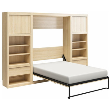Pemberly Row Engineered Wood Full Murphy Wall Bed/2 Cabinet Bundle in Light Oak