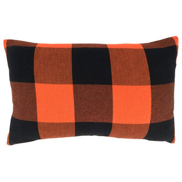 Poly Filled Throw Pillow With Buffalo Plaid Design, 13"x20", Orange/Black