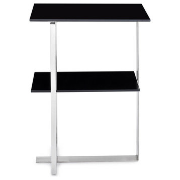 Thanet End Table Opaque Black Tempered Glass Top Brushed Stainless Steel Base