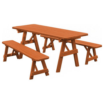 Traditional Cedar Table with 2 Benches, Redwood Stain, 6 Foot
