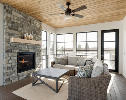 Landhausstil Wintergarten mit Kaminsims aus Stein Ideen, Design