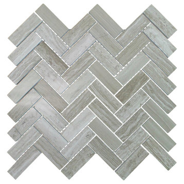 Polished Marble Herringbone Mosaic Tile, 12"x13", Travertine Gray, 5 Sheets