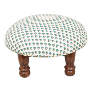 Green Mandala Motif Ottoman with Wood Legs - Green Magnificence