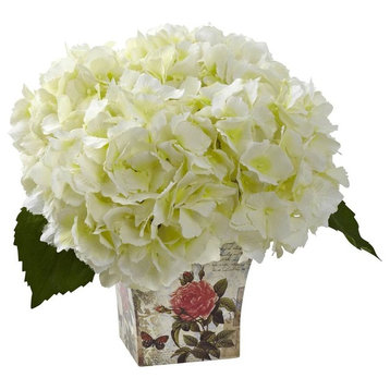 Hydrangea Silk Arrangement With Floral Planter, Cream