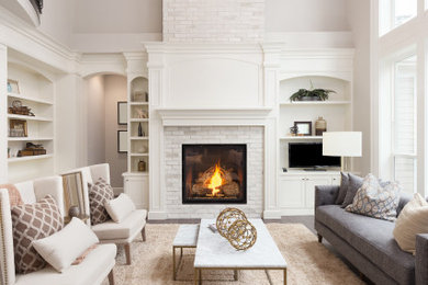 Huge transitional open concept dark wood floor, brown floor and exposed beam living room photo in New York with gray walls, a standard fireplace, a brick fireplace and a media wall