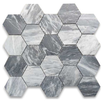 Bardiglio Gray Dark Grey Marble 3 inch Hexagon Mosaic Tile Honed, 1 sheet