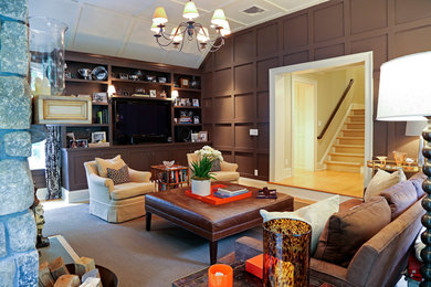 Mid-sized country enclosed light wood floor and beige floor family room photo in New York with green walls, a standard fireplace, a stone fireplace and a tv stand