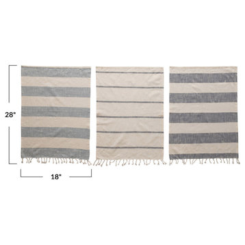 Cotton Tea Towels With Stripes/Tassels, Blue/White, 3-Piece Set