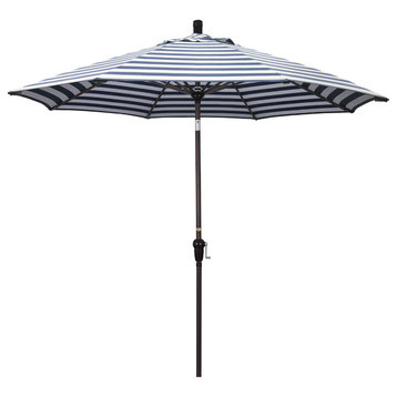 9' Bronze Auto-Tilt Crank Aluminum Umbrella, Navy White Cabana Stripe Olefin