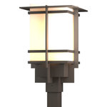 Hubbardton Forge - Tourou Large Outdoor Post Light, Coastal Dark Smoke Finish, Opal Glass - Although the design is in honor of traditional Japanese stone lanterns, our Tourou Outdoor fixture is much easier to post-mount outside home or business. Metals bands crisscross and hug the square glass tube for design flare.