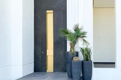 Idee per una grande porta d'ingresso minimal con pareti bianche, una porta singola, una porta nera e pavimento grigio