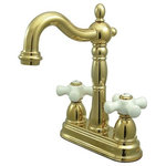Kingston Brass - Kingston Brass 4" Centerset Bar Faucet, Polished Brass - This double handle centerset bar faucet features an early American look that captures an aesthetic colonial style with its graceful curves and Victorian style spout. The faucet provides a two-hole sink application and a 1/4-turn on-and-off mechanism for controlling the flow of water. The item is fabricated in high-quality brass and is crafted to ensure years of reliable performance; also comes in a variety of finishes to allow you options when creating/improving your bar setting.
