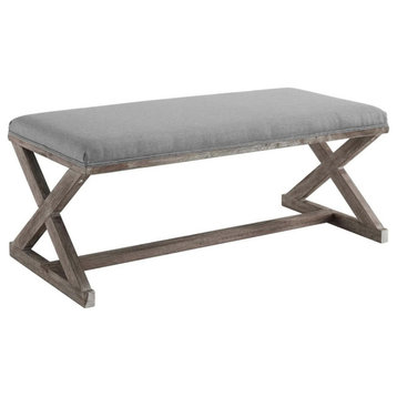 Percy Light Gray Vintage French X, Brace Upholstered Fabric Bench