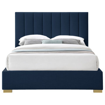 Pierce Linen Textured Fabric Upholstered Bed, Navy, Full
