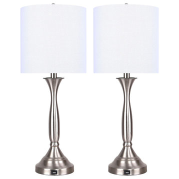 25.5" Brushed Nickel Table Lamps, USB Port in Base/White Linen Shades, Set of 2
