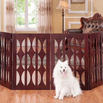 Emma Four Panel, 36 inch Pet Gate with Geometric Design in Mahogany Wood by Eleg