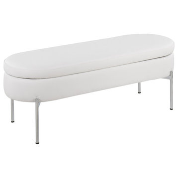 Chloe Contemporary/Glam Storage Bench, Chrome Metal/White Faux Leather