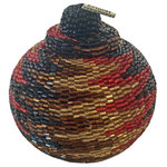 Bindah - Manggis Handwoven Art Glass Basket, Red Hot Zigzag - Hand-sewn crystal-cut glass beads adorn this small hand-woven rattan manggis basket. The crystal-cut silver glass beads catch the light in any spot throughout your house.