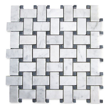 Carrara Venato Marble Basketweave Mosaic Tile Black Dots Honed 1x2, 1 sheet