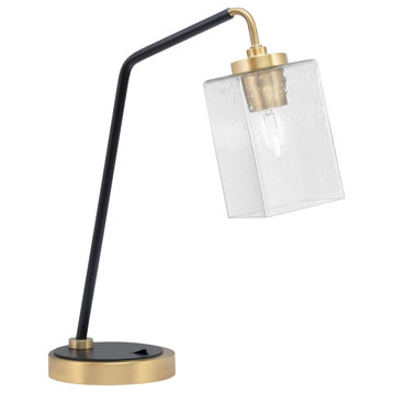 1-Light Desk Lamp, Matte Black/New Age Brass, 4" Square Clear Bubble Glass