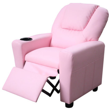 Marisa PU Leather Kids Recliner Chair with Cupholder, Pink