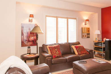 Mid-sized transitional enclosed carpeted living room photo in San Diego with red walls, a corner fireplace, a stone fireplace and a tv stand