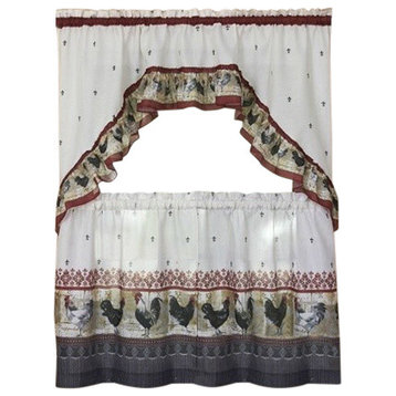 Rooster Set of 2 Tiers Curtain and Swag Set, Burgundy, 24"