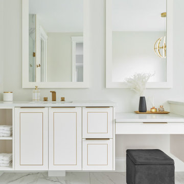 White & Gold Master Ensuite Vanity with Makeup Desk