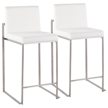 Fuji High Back Counter Stool, Set of 2m Stainless Steel, Stainless Steel, White