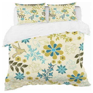 Hand Drawn Flowers and Hummingbird Floral Duvet Cover, Queen