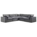 Meridian Furniture - Comfy Upholstered L-Shaped Modular Sectional, Grey, 5-Piece: 2 Armless Chair, 3 Corner Chair, Velvet - Give your space a whole new look with this grey Comfy velvet sectional. This handsome sectional fits nicely with other items in the Comfy collection and is a versatile seating option designed for adaptability, comfort and style. Wrapped in rich grey durable velvet upholstery, this sectional offers a plush embrace of overstuffed down feather cushions, carefully crafted to deliver the highest level of comfort. The perfect seat for creating an oasis for relaxation, this sectional has thick foam surrounding its frame for added support and coziness.