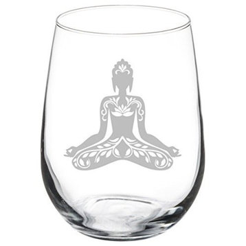 Wine Glass Goblet Buddha Yoga Om Lotus, 17 Oz Stemless