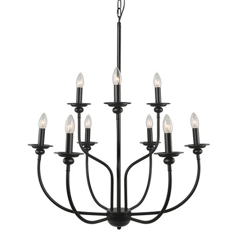 LNC 9-Light 2-Tiered Matte Black Modern Farmhouse Candle Chandelier