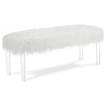 Benzara BM272063 49" Faux Fur Bench With Acrylic Clear Legs, White
