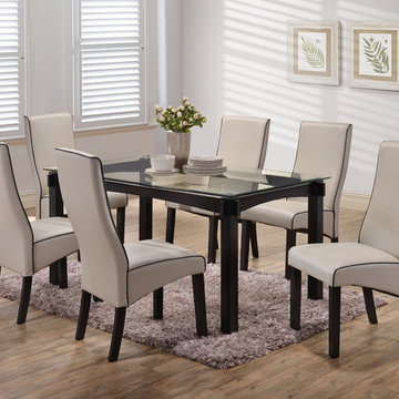 7 Piece Cappuccino Wood & Glass Kitchen Dinette Dining Table & 6 Grey Upholstere