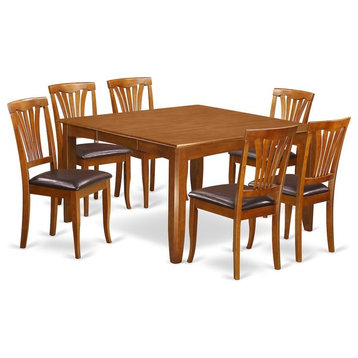 7-Piece Dining Room Set, Square Table, Leaf and 6 Chairs With Leather Cushion