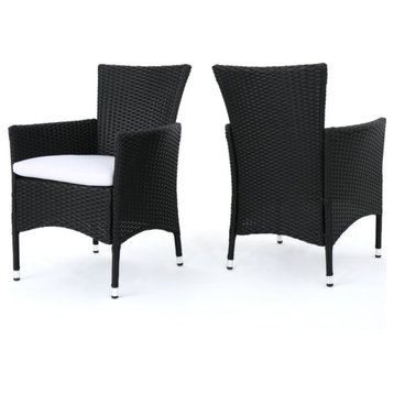 GDF Studio Curtis Outdoor Wicker Dining Chairs With Cushions, Set of 2, Black/Wh