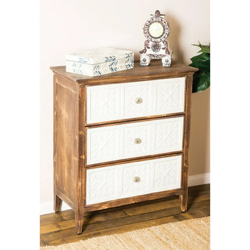 Farmhouse Storage Cabinet, 3 Lacquered Drawers With Embossed Floral Accent