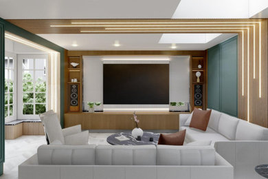 Inspiration for a medium sized contemporary grey and teal enclosed living room in London with a music area, blue walls, laminate floors, no fireplace, a wall mounted tv, white floors, a wood ceiling and panelled walls.