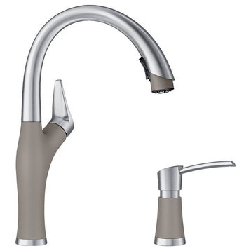 Blanco Artona Pull-Down Kitchen Faucet With Soap Dispenser, Truffle/Stainless