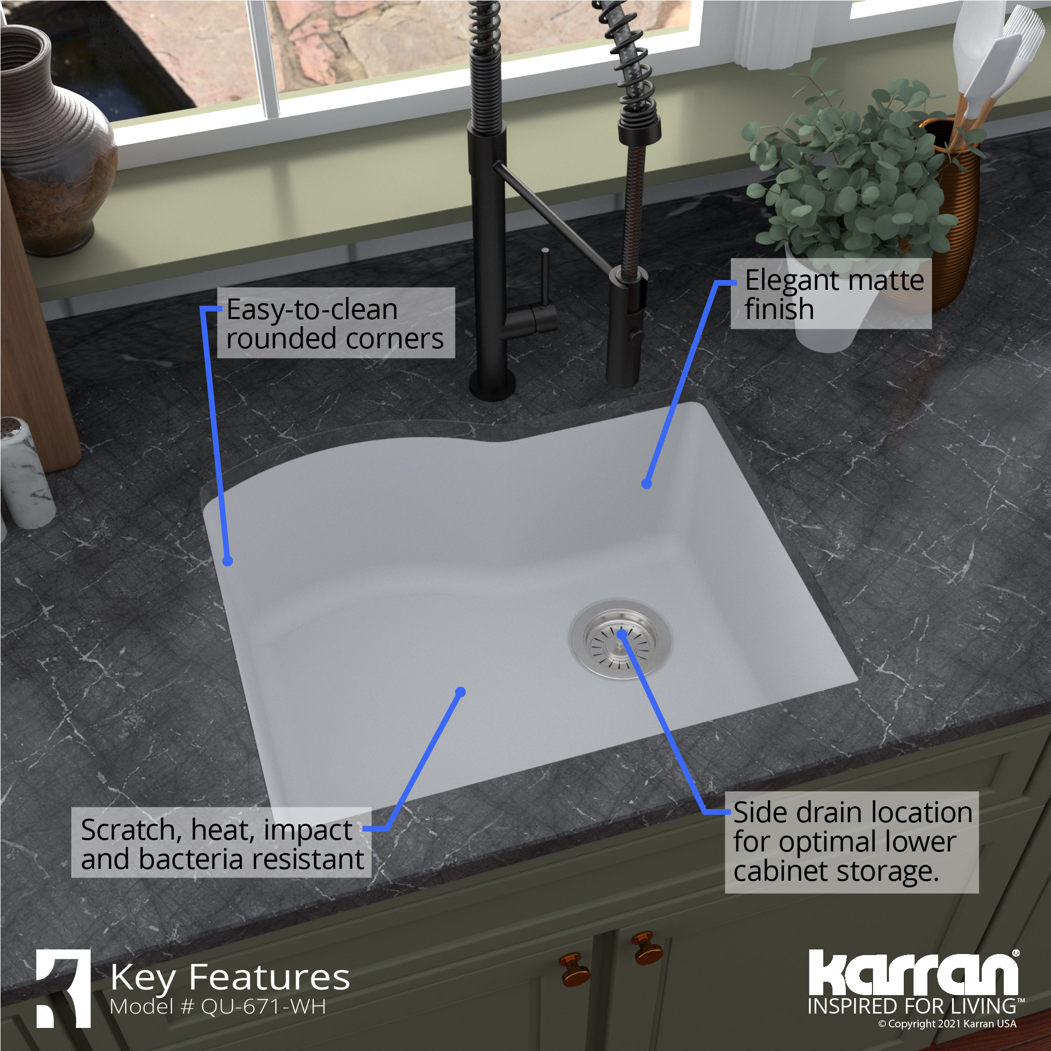 Karran Undermount Quartz Composite 24" Single Bowl Kitchen Sink, White