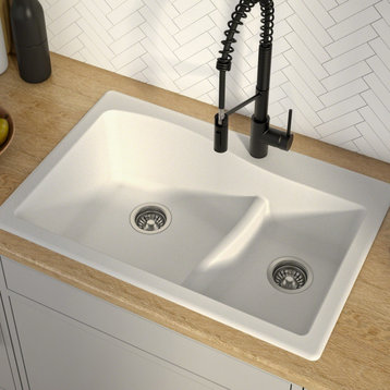 Quarza 33" Drop-In Undermount Granite Composite 60/40 Kitchen Sink, White