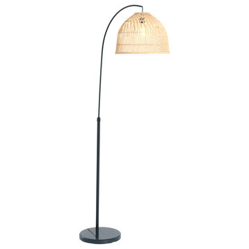 Modern Boho Floor Lamp With Marble Base and Rattan Shade, Black and Cream